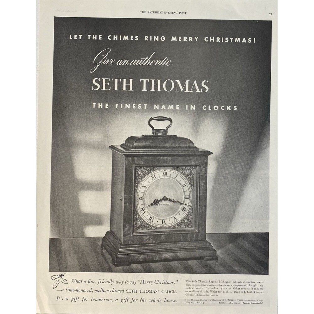 SETH THOMAS Clock "Let the Chimes Ring Merry Christmas" Vintage Print Ad 1948